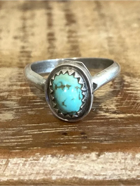 Silver Tone Sawtooth Bezel with Turquoise Colored Stone Ring Approx 5.5 Size - Picture 2 of 14